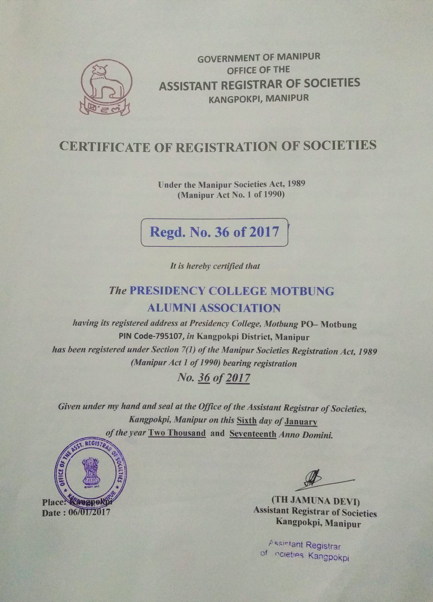 Certificate of registration of Alumni Association – Presidency College